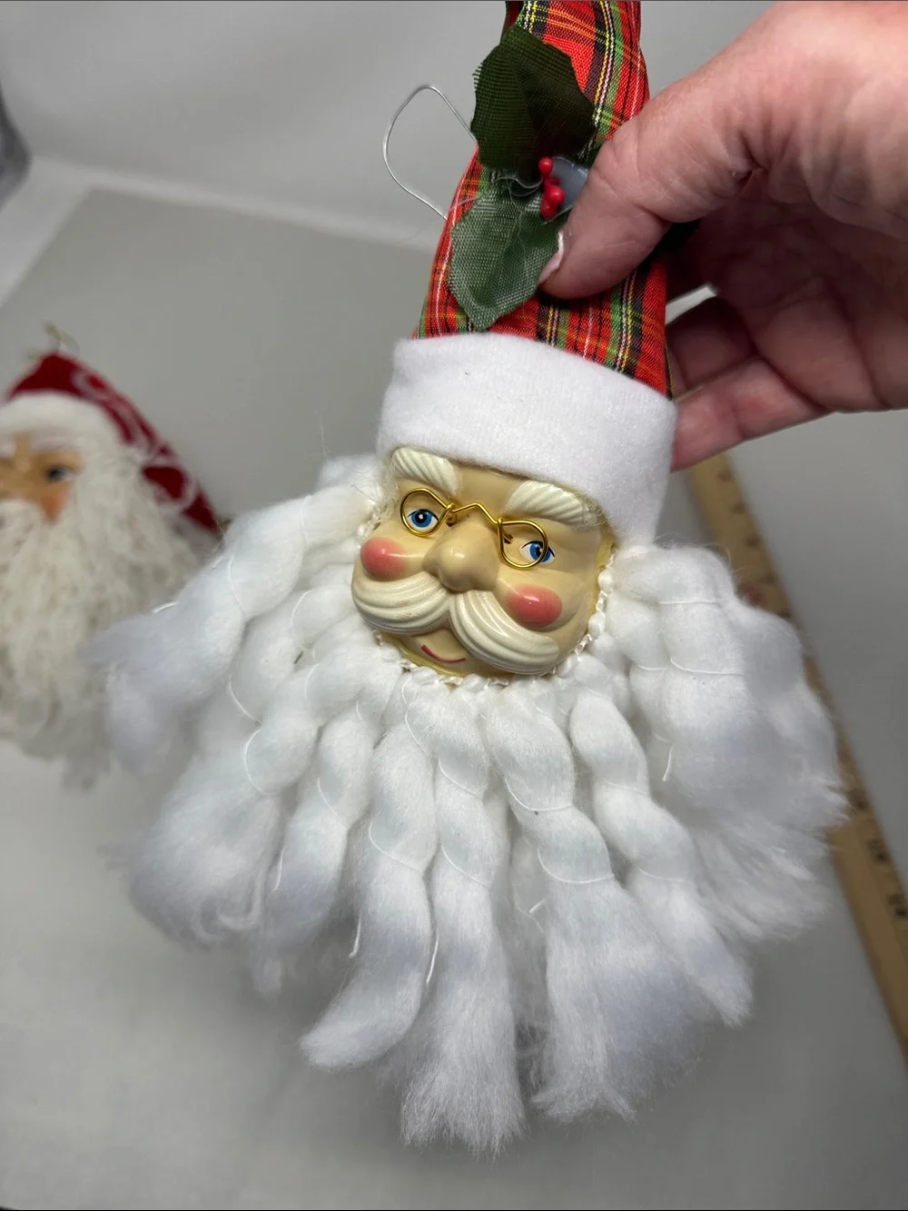 SANTA HEAD PLASTIC FACE CHRISTMAS ORNAMENTS LOT OF 2 VINTAGE HOLIDAY